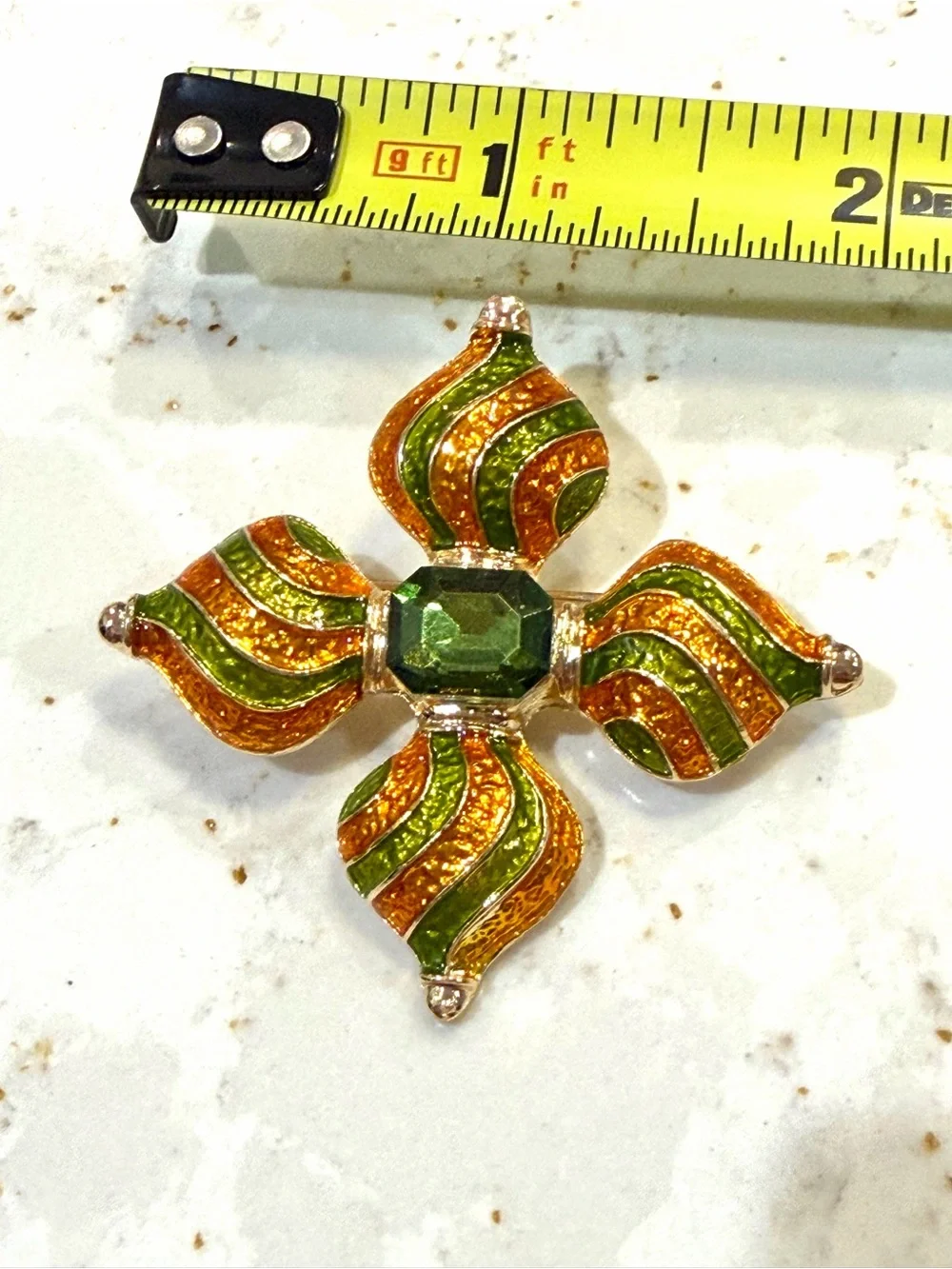 Green & Orange Enamel Floral Brooch with Faceted Center Stone
